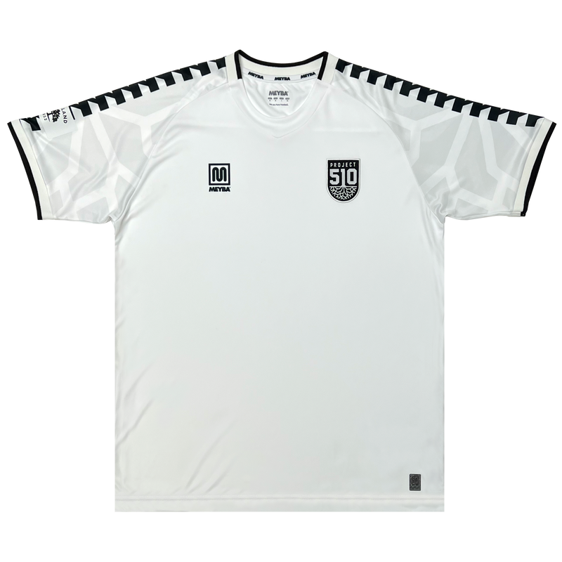 Front view of white Project 510 Meyba jersey with Meyba logo on wearer's right chest, Project 510 crest on wearer's left chest and Oakland Flag in Black and white on right sleeve.
