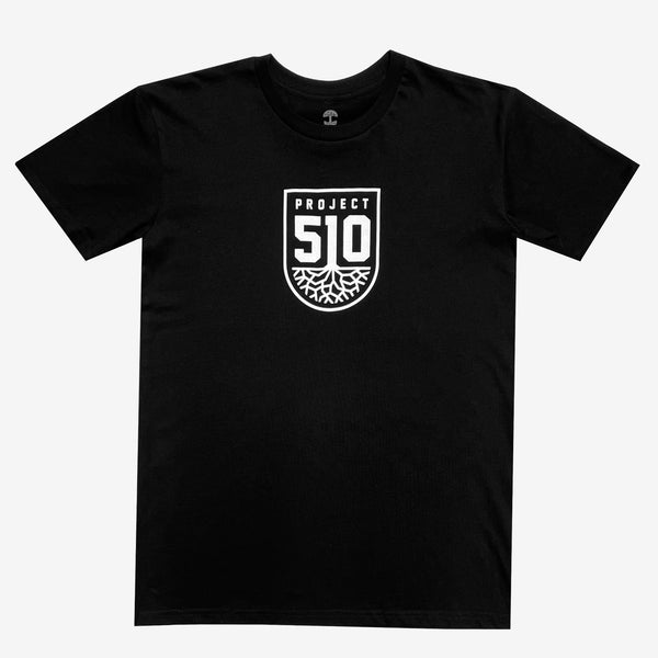 Black t-shirt with white project 510 Oakland SC Roots logo on the chest.