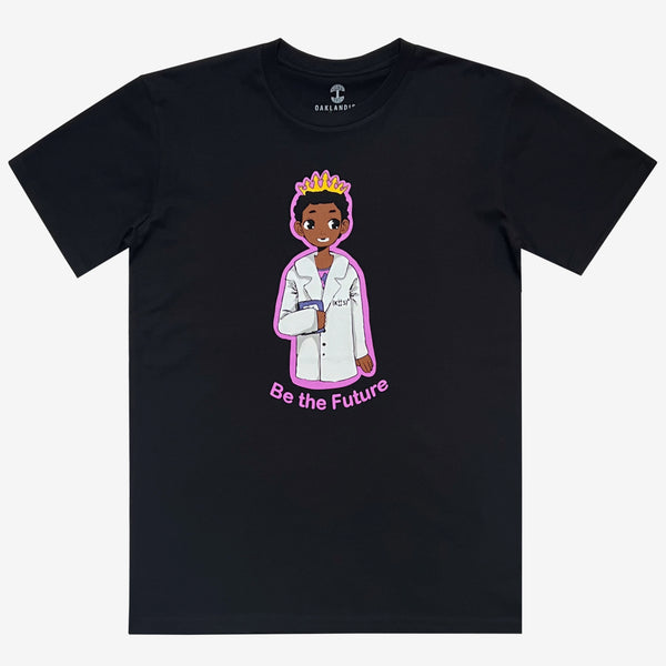Black t-shirt with a crowned Royal Scientist African American boy dressed as a scientist and a “Be The Future” wordmark.