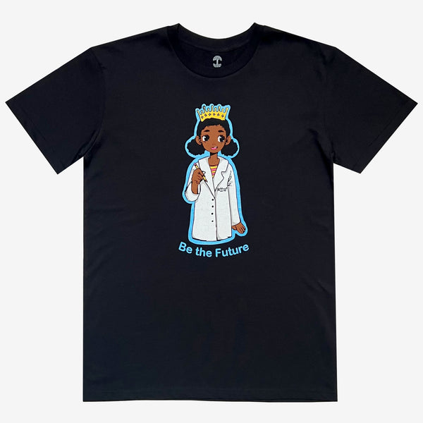 Black t-shirt with a crowned Royal Scientist African American girl dressed as a scientist and a “Be The Future” wordmark.
