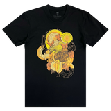 A black cotton t-shirt with a swirl design symbolizing rebirth featuring butterflies with a skull at the center.