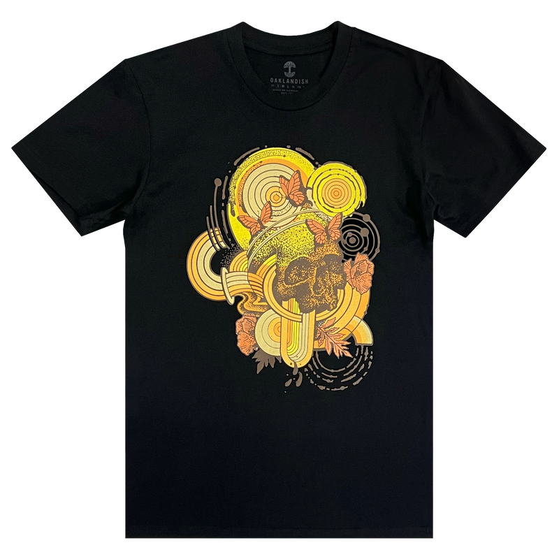 A black cotton t-shirt with a swirl design symbolizing rebirth featuring butterflies with a skull at the center.