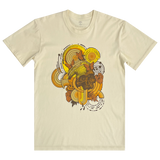 Close-up of swirl design symbolizing rebirth featuring butterflies with a skull at the center on a ecru cotton t-shirt.