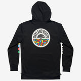 Backside of a black hoodie with large full-color Roots SC mosaic logo on the back.