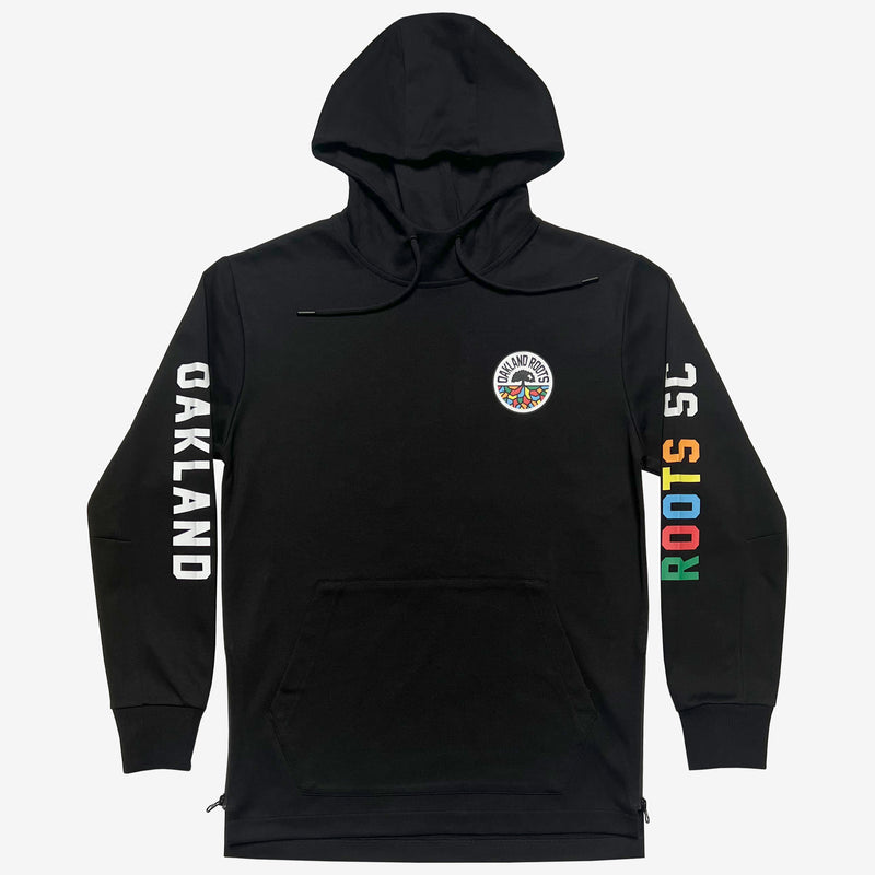 Black hoodie with OAKLAND wordmark on right sleeve and ROOTS SC on left sleeve and Roots SC mosaic logo on chest.
