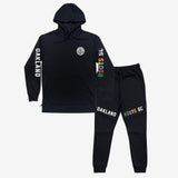 Black Oakland Roots SC hoodie and jogger set with OAKLAND and ROOTS SC wordmarks and circle roots chest logo. 