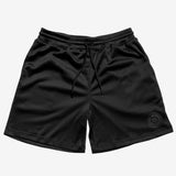 Black men’s mesh athletic shorts with round Oakland Roots logo on bottom left side.