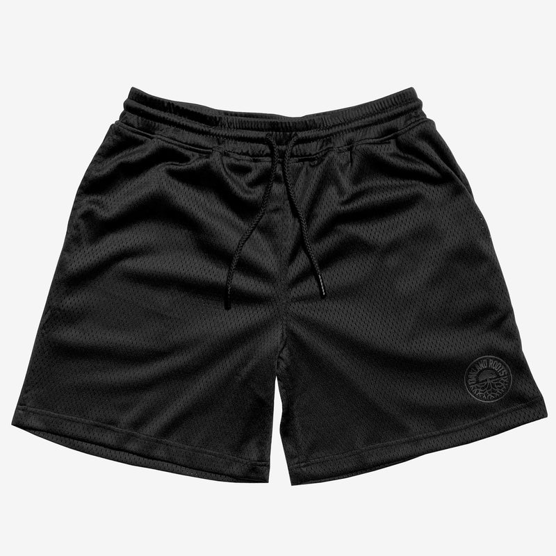 Black men’s mesh athletic shorts with round Oakland Roots logo on bottom left side.
