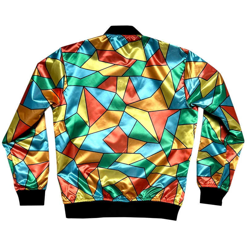 Back side view of the reverse side of Mitchell & Ness satin jacket with full-color Roots SC mosaic.