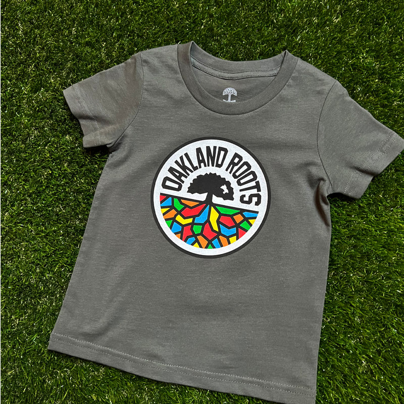 Charcoal grey toddler-sized t-shirt with a full-color Roots SC logo on the chest lying on the grass.