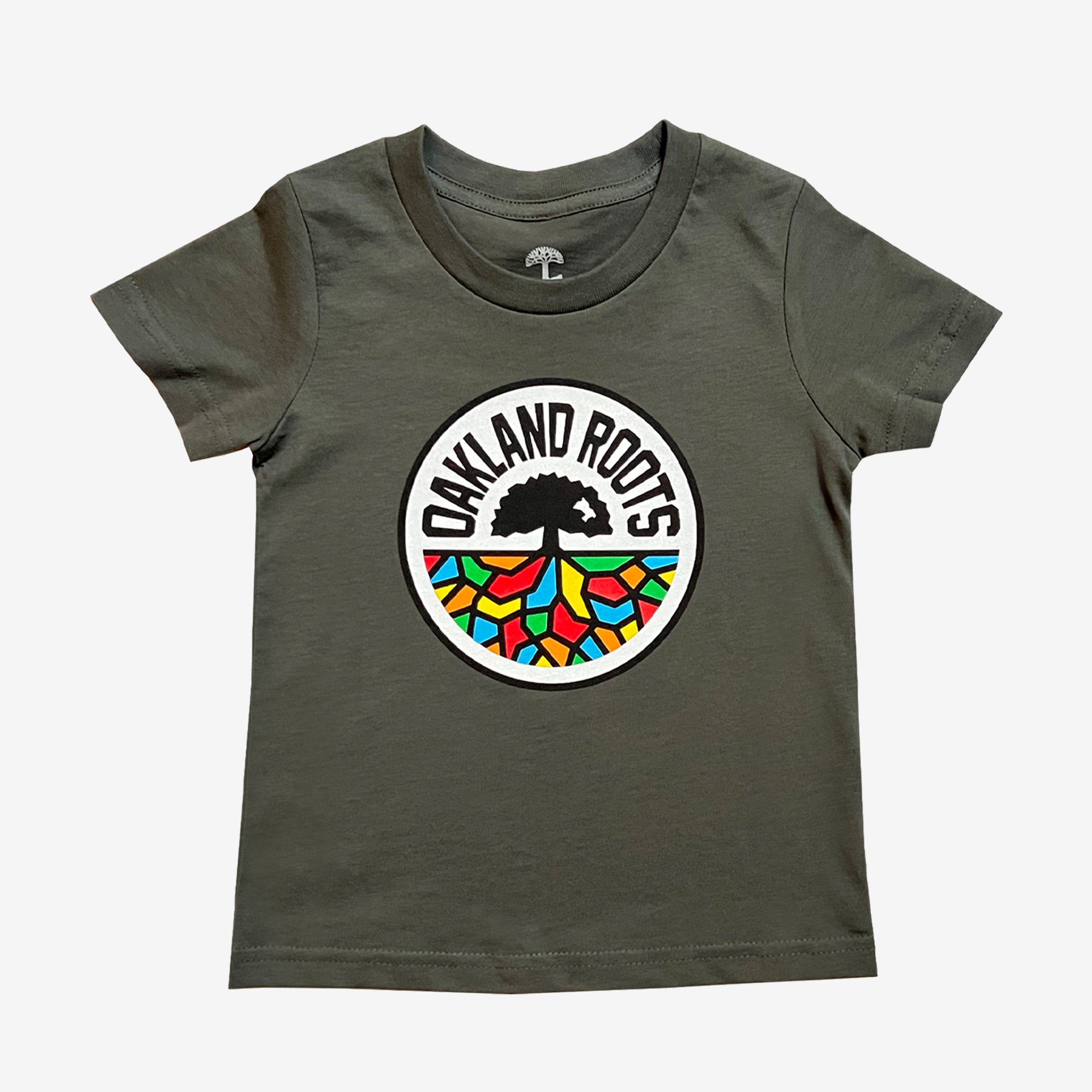 Charcoal grey  toddler-sized t-shirt with a full-color Roots SC logo on the chest.