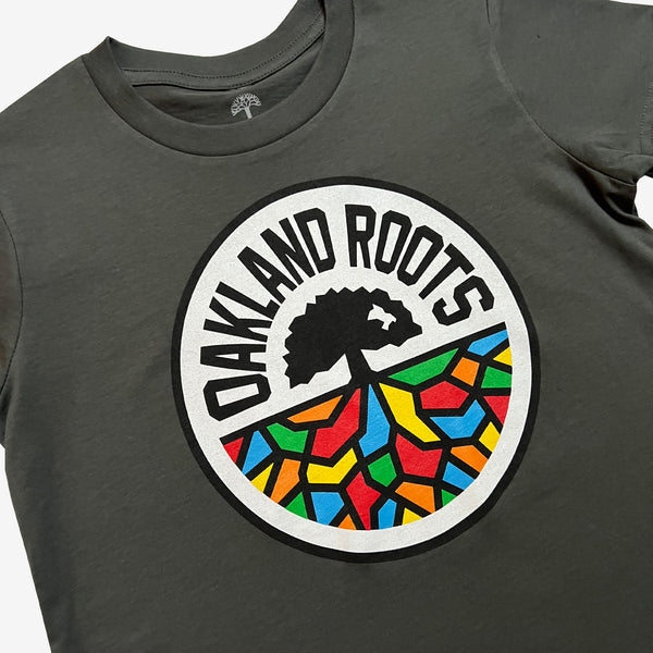Third quarter view charcoal grey youth t-shirt with full-color Roots SC circle logo on the chest.