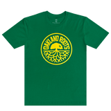     Front of kelly green t-shirt with large yellow Oakland Roots SC logo crest.