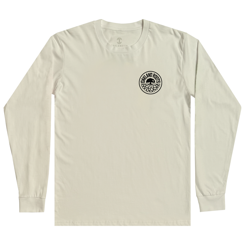 Front view of ecru long sleeve t-shirt with black Roots SC logo crest on left chest wear side.