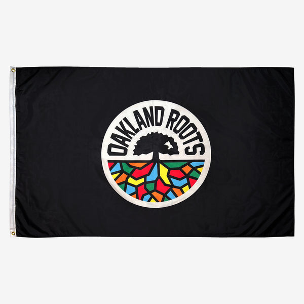 Black flag with full-color circle Oakland Roots logo in the middle.
