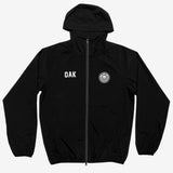 Black zip-up hoodie with white OAK wordmark on right chest, and Roots SC round logo on left chest.