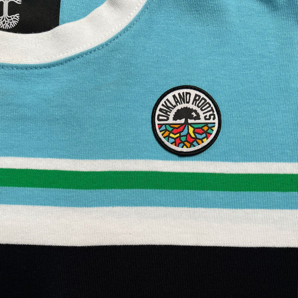 Close up of Roots SC logo on left chest wear side on long sleeve cotton sweatshirt, with multi-color stripes.