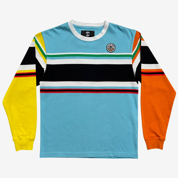 Long sleeve cotton sweatshirt, with multi-color stripes and full color Roots SC logo on left chest wear side.