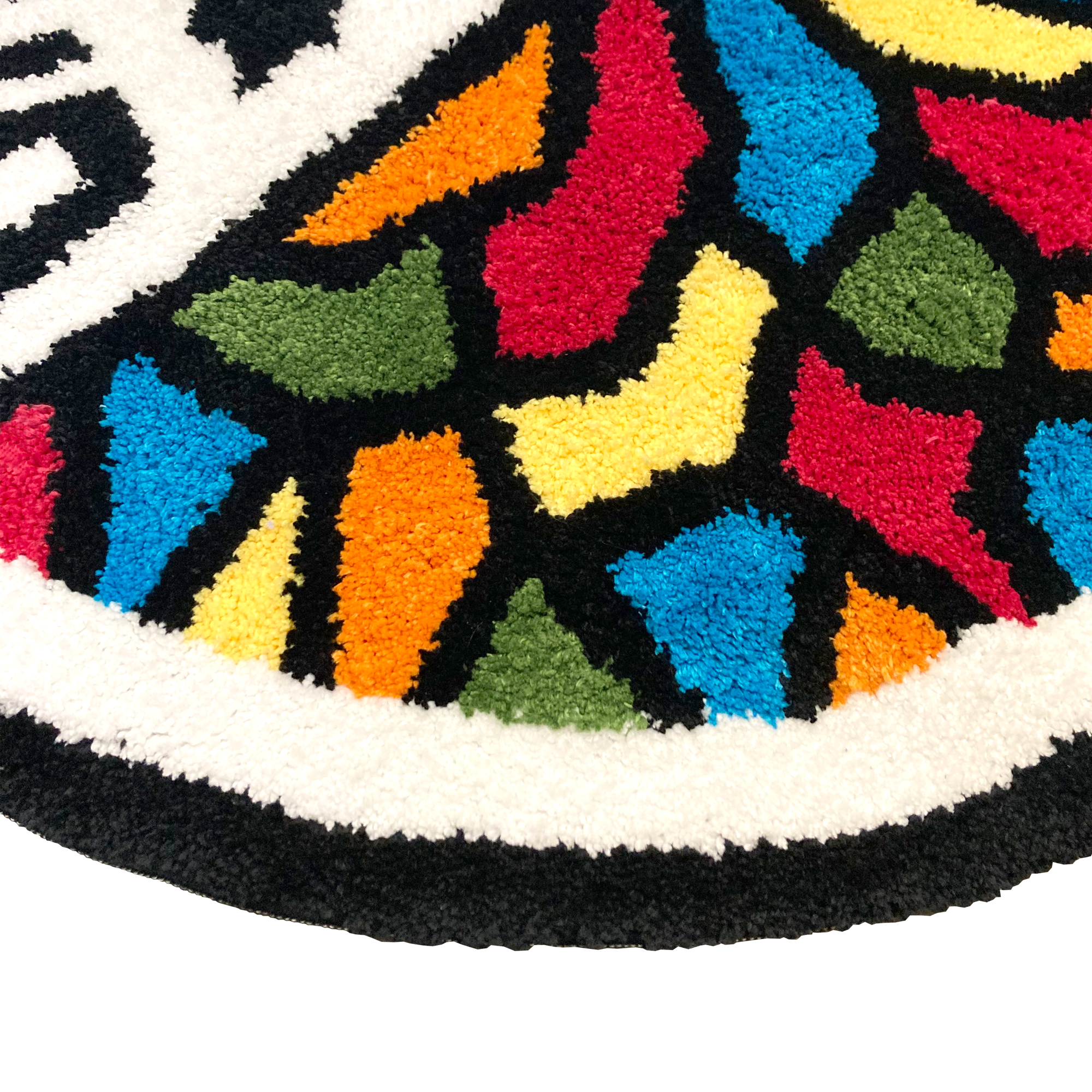 Detailed close up image of round area rug with Oakland Roots SC crest in full color.