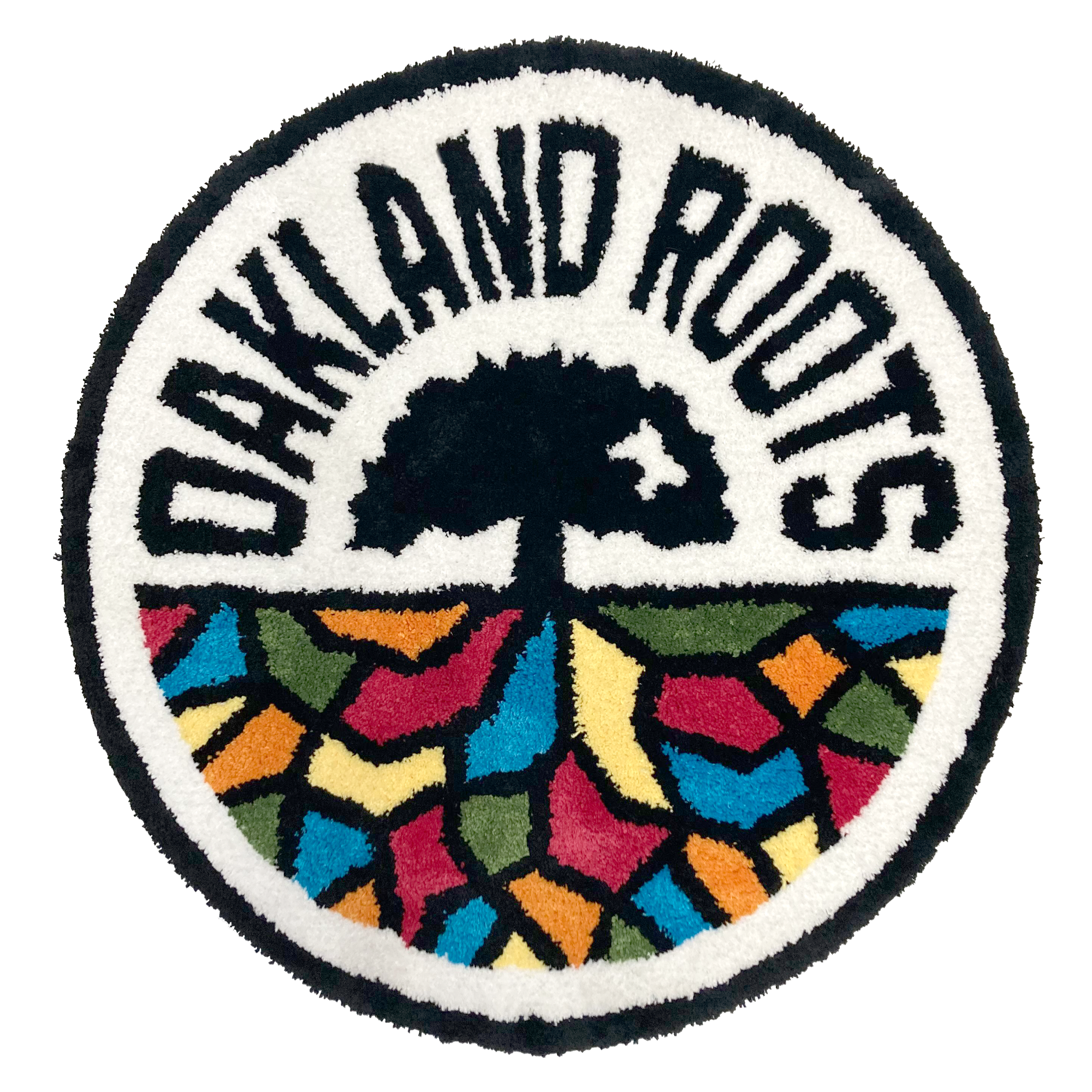 Round area rug with Oakland Roots SC crest in full color.