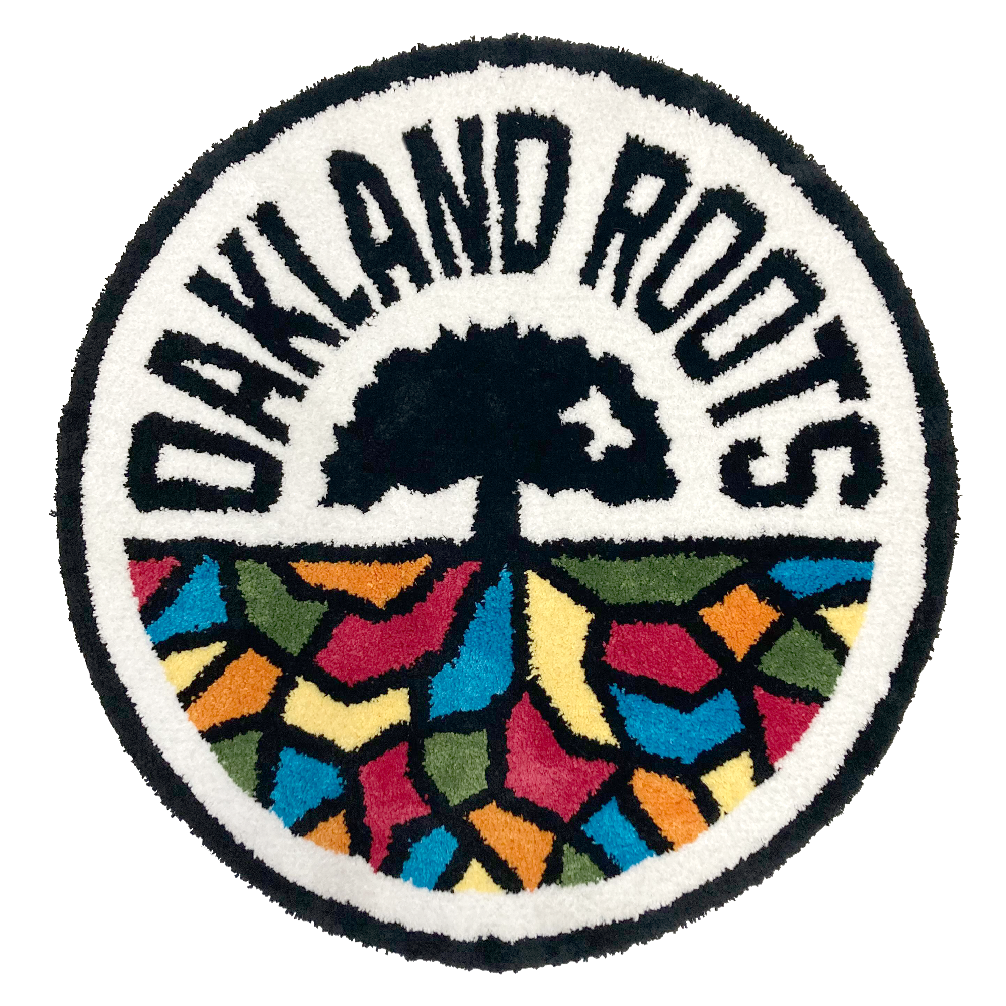 The Oakland Roots SC Logo Rug, crafted by Oakland Roots SC, features a circular design with "OAKLAND ROOTS" prominently displayed along the top arc. Beneath this text is an oak tree silhouette, and the lower half of the logo is adorned with a vibrant mosaic pattern in red, yellow, blue, green, and orange.
