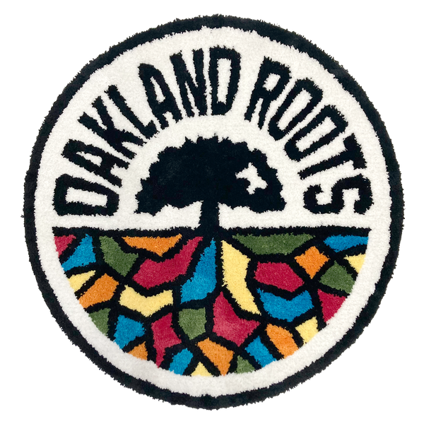 Round area rug with Oakland Roots SC crest in full color.