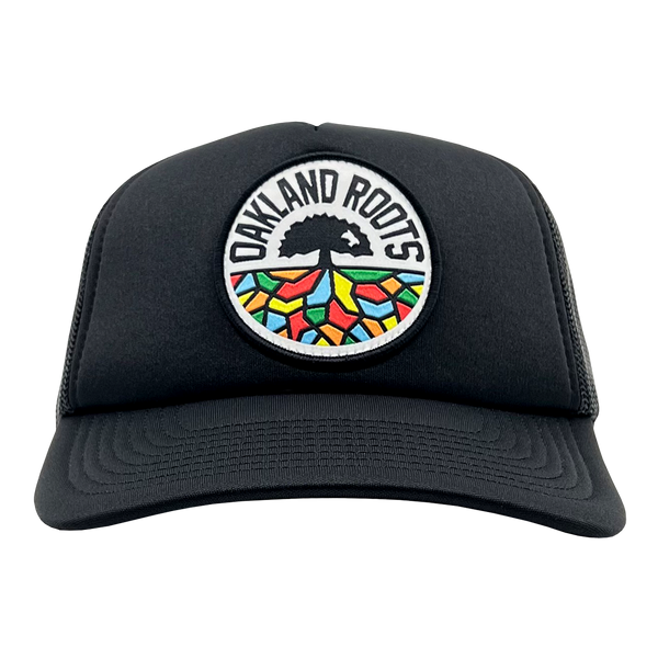 Front view of black Mitchell & Ness snapback cap with full-color RootsSC logo.