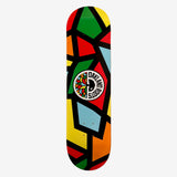 Skateboard deck with full-color Roots Soccer Club mosaic colors and round logo mark.