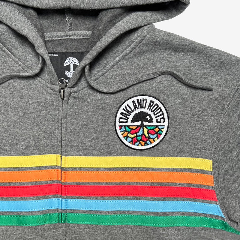Detailed close up of gunmetal Heather full zip hoodie with green, blue, red, orange and yellow stripes and full-circle Roots SC mosaic logo.