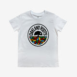 White youth t-shirt with full-color Roots SC circle logo on the chest.