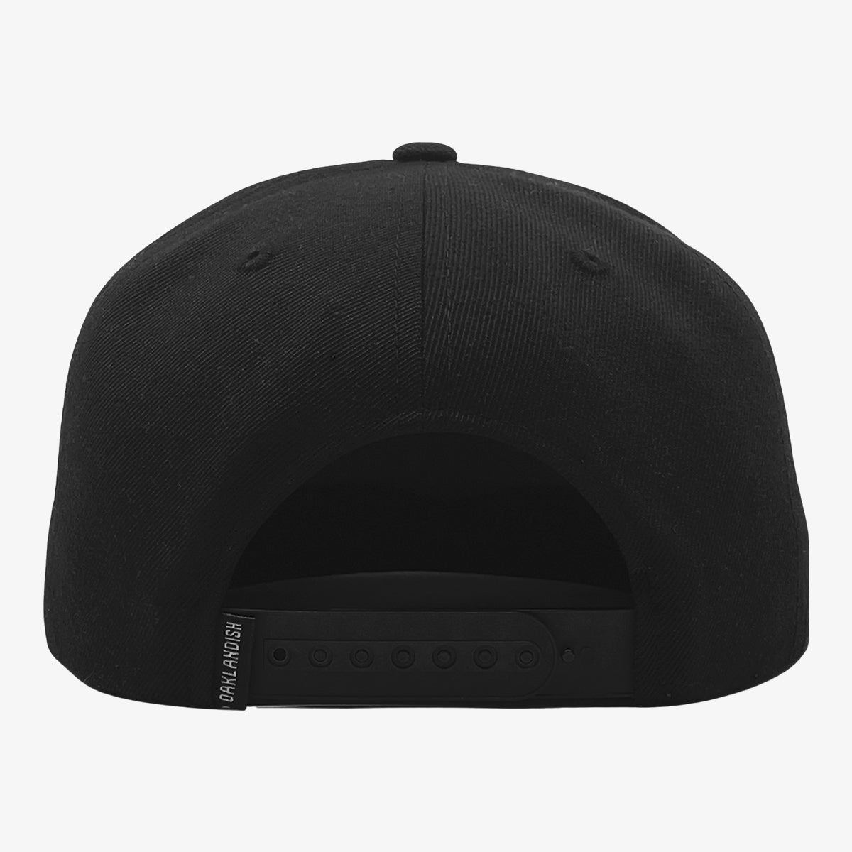 Back of black cap with black plastic snap back closure.