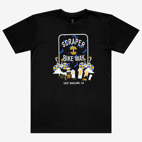 Black t-shirt with blue, white & yellow Scraper Bike Way graphic & East Oakland wordmark.