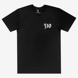 Front image of men's black t-shirt with left chest print of '510'