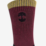 Close up of embroidered Oaklandish logo at the top of color block (black, maroon & brown) crew socks.