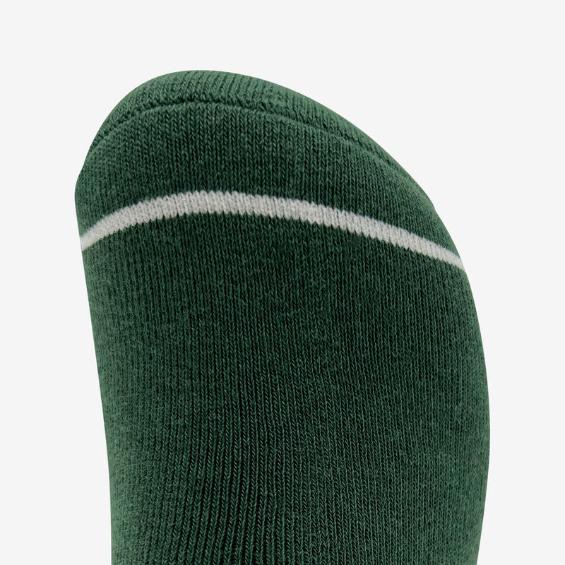 Close up of white stripe on the toe on single high-cut plush green crew sock.