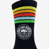 Close up of Oakland Roots Soccer Club colored stripes & logo on top sides of black crew socks.