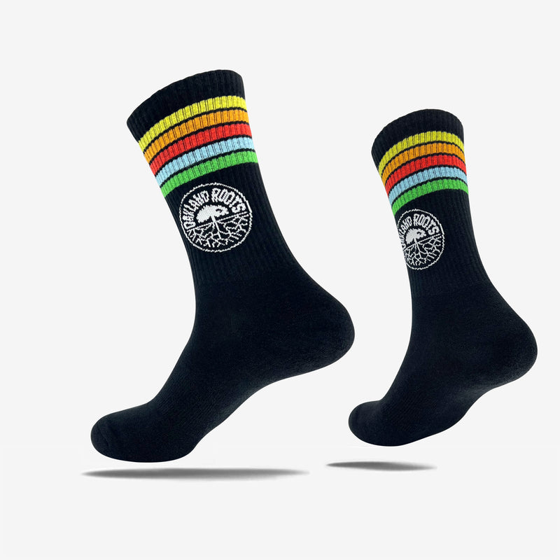 Black crew socks with Oakland Roots Soccer Club colored stripes & logo on top sides. 