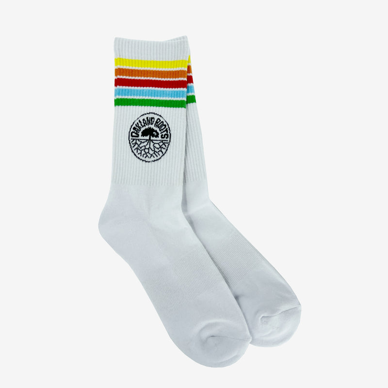 Two nestled white crew socks with Soccer Club colored stripes & logo on top sides.