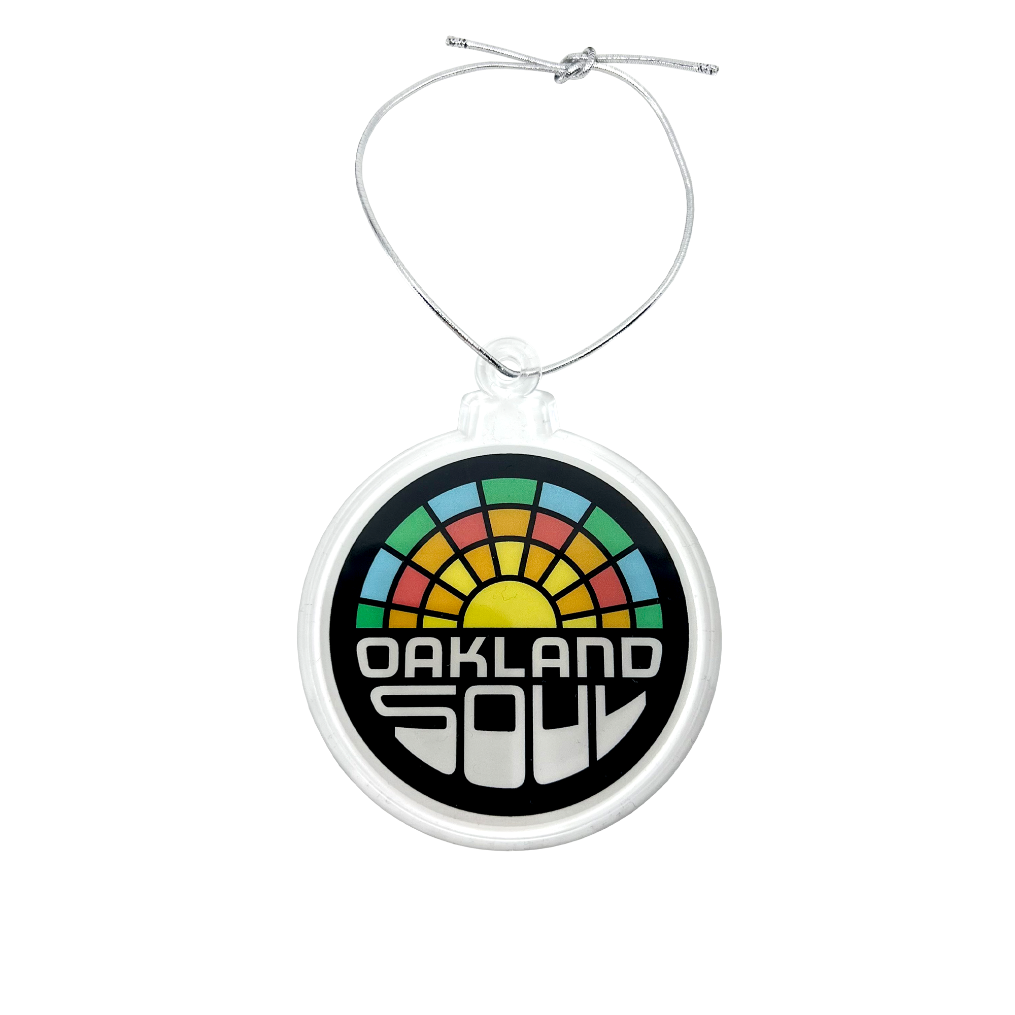 Full-color Oakland soul crest  on a holiday tree ornament with silver string.