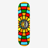 Skateboard deck with full-color Oakland Soul mosaic colors and round logo mark.