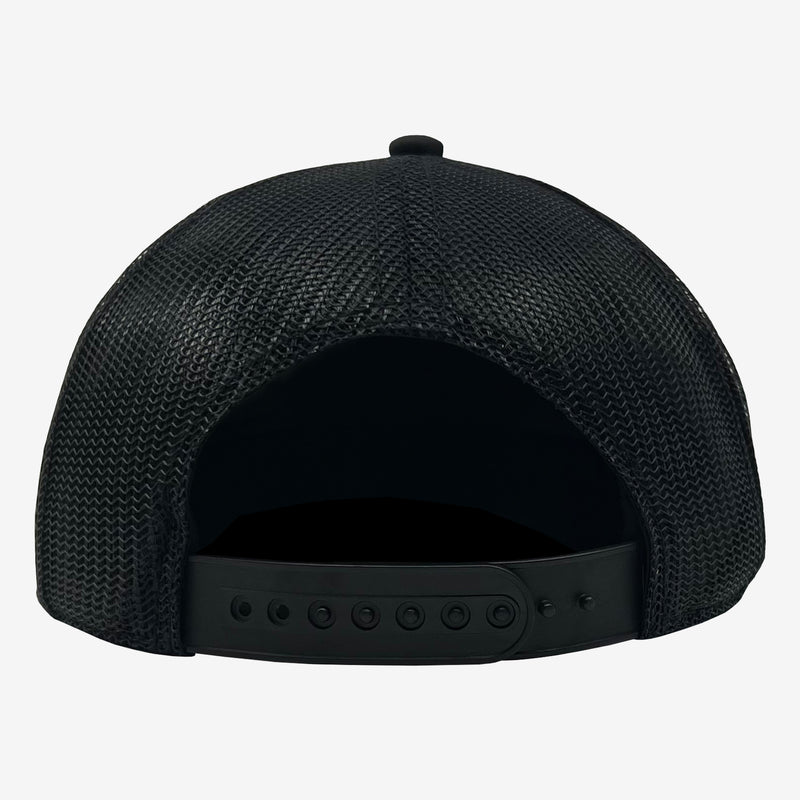 Back of black low profile trucker hat with adjustable plastic snapback closure and mesh crown..