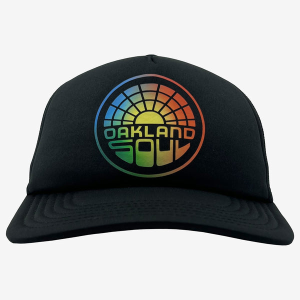 Black low profile foam trucker hat with color iridescent Oakland Soul logo.