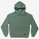 Pullover hoodie with Oaklandish woven label at bottom left corner of kangaroo pocket in army green.