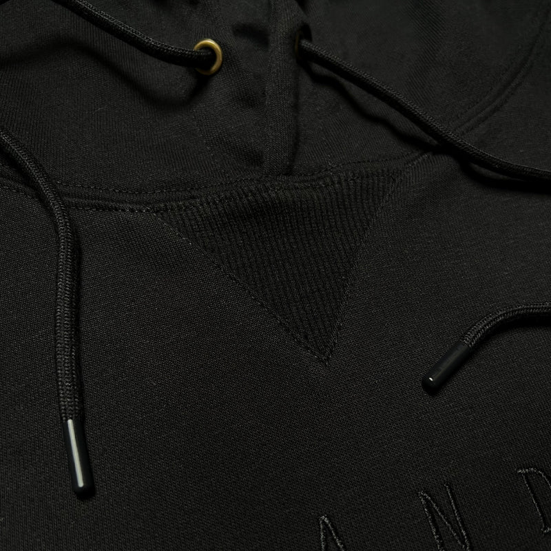 Detailed close up of triangle ribbing patch at collar of black hoodie with drawcord tips.