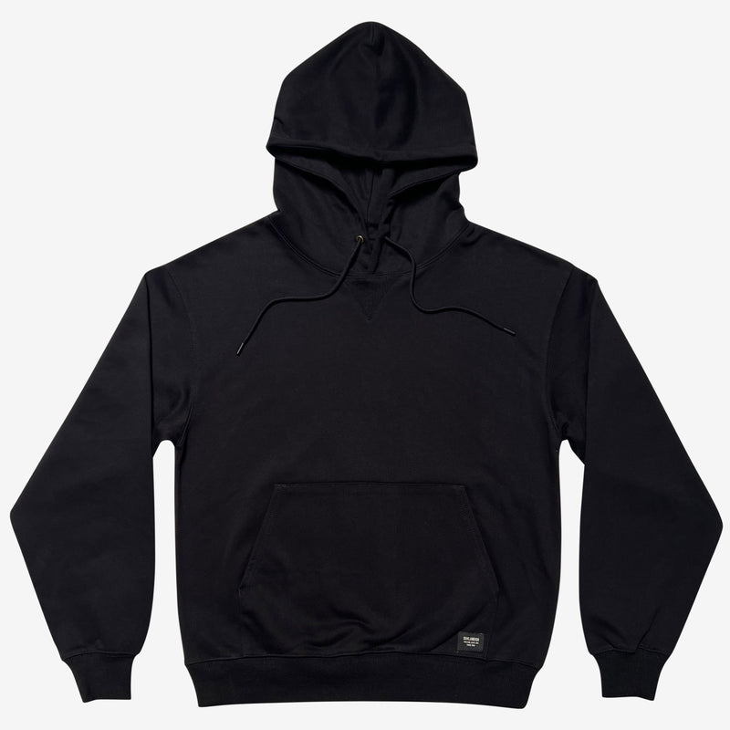 Black pullover hoodie sweatshirt with Oaklandish woven label at bottom left corner of front kangaroo pocket.