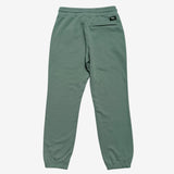 The backside of army green Oaklandish joggers with a zipped pocket on the left wear side. 