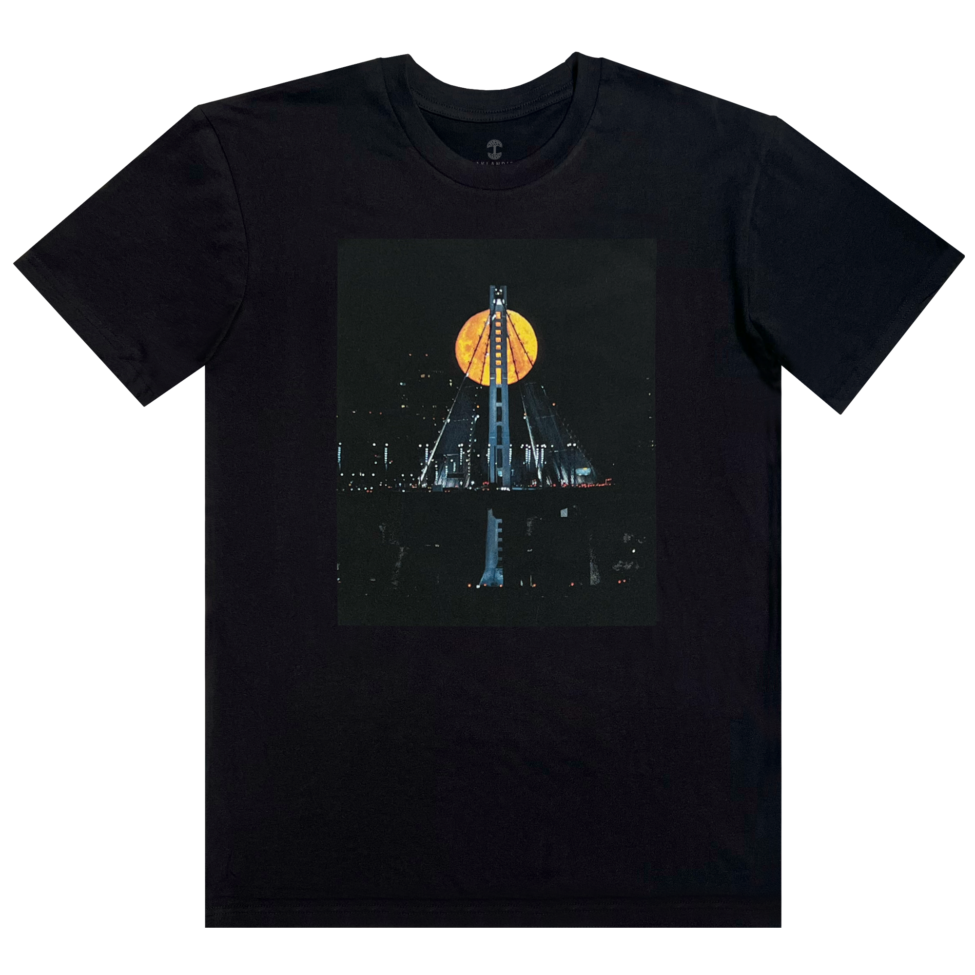 Black t-shirt with an image of Strawberry Moon over the Oakland bridge by landscape photographer Vincent James.