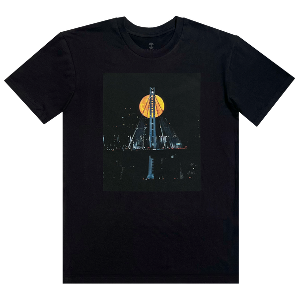 Black t-shirt with an image of Strawberry Moon over the Oakland bridge by landscape photographer Vincent James.