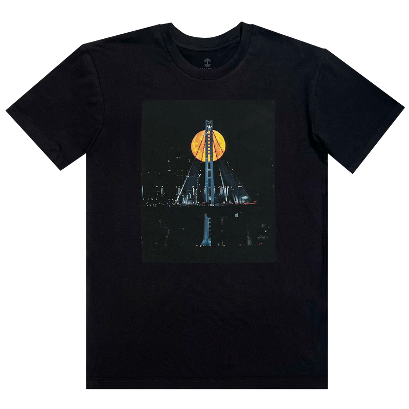 Black t-shirt with an image of Strawberry Moon over the Oakland bridge by landscape photographer Vincent James.