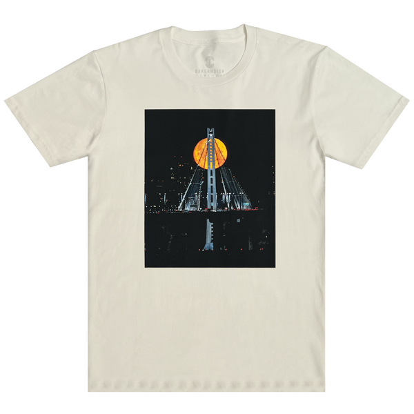 Natural cotton-colored t-shirt with an image of Strawberry Moon over the Oakland bridge by landscape photographer Vincent James.